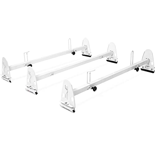 AA-Racks Model X27 Rain-Gutter Van Roof Racks Square 3 Bar Set with Ladder Stoppers, Full (White)