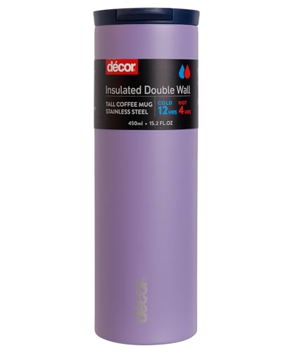 Décor Double Wall Stainless Steel Travel Mug - Keeps 4 Hours Hot - 12 Hours Cold - Car Cup Holder Compatible - Secure Flip Top Lid - 450ml Lavender.