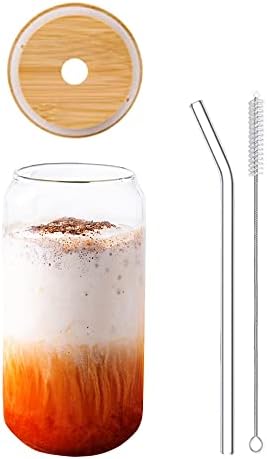 Maritown Glass Cup with Lid And Straw, 16 Oz Drinking Glasses Iced Beer Coffee Cup Can-shaped Reusable Glass Cups Fruit Juice Cups Whiskey Cocktail Glasses Travel Bottle