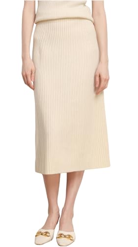 ebossy Ribbed Pencil Skirt for Women Elastic Waist Wool Blend Business Casual Knit Midi Skirt, Ivory, X-Large