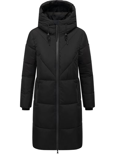 Navahoo Damen Langer Wintermantel warmer Steppmantel mit großer Kapuze und Fleece-gefütterten Kragen Kältekuschel XIV Black Gr. S