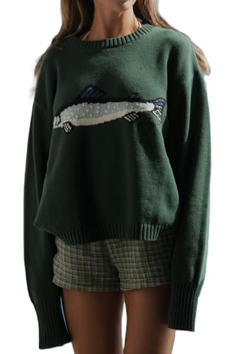 Women Cute Fish Graphic Sweater Lightweight Long Sleeve Pullover Sweater Top Loose Fit Fall Streetwear Y2k Tops