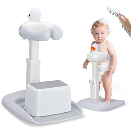 Soporte Ducha para Bebé 8-36 Meses, Altura Ajustable, Portador Ducha Incluido, Base Antideslizante, Asistente Baño Niño, Ideal como Soporte Bebe Bañera