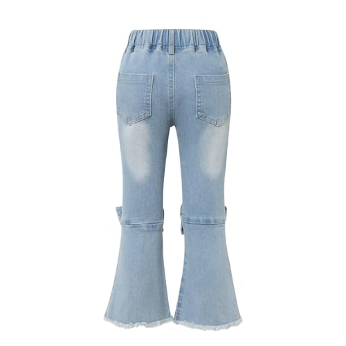 Girls Casual High Waisted Flare Split Raw Hem Bowknot Denim with Pockets2