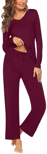 Ekouaer Pyjama Dames Pyjama Set Winter Nachtkleding Lange Mouw Tweedelige Lang Huiskleding V-hals Loungewear, Grijs L