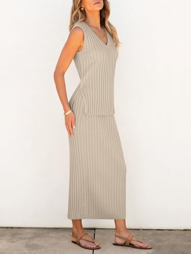 Image of Women's 2 Piece Outfits Summer Sweater Skirt Sets Casual Sleeveless V Neck Ribbed Vest Knit Tops Midi Dress