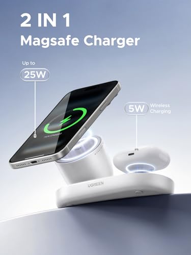 Image of UGREEN 25W Magnetic Wireless Charger Stand, Qi2.2 Certified MagSafe Compatible 2 in 1 Charging Station for iPhone 17 16 15 and AirPods Pro, Pixel, Office Desk Accessories, White