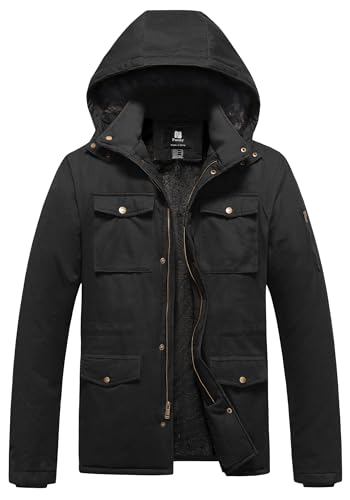 Pursky Men's Winter Military Jacket Fleece Lined Warm Cotton Coat Windproof Thicken Parka with Removable Hood