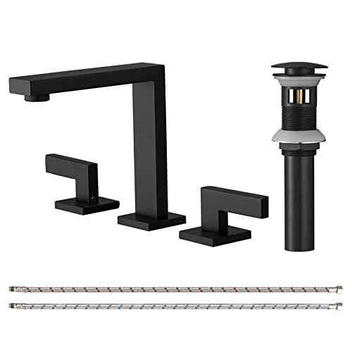 Homevacious Matte Black Bathroom Faucet 2-Hnadle 8 Inch Widespread Bathroom Sink Faucet 3 Hole Modern Vanity Sink Faucet With Pop Up Drain Assembly And Supply Hose 3 Pieces Basin Faucets Mixer Tap #TOP20