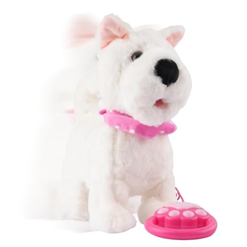 Lindo perro robot - Funny Westie | Sensor táctil & Imitación de ruido | Acción realista de la lengua lamiendo, incluye correa con mando a distancia, mascota electrónica de felpa