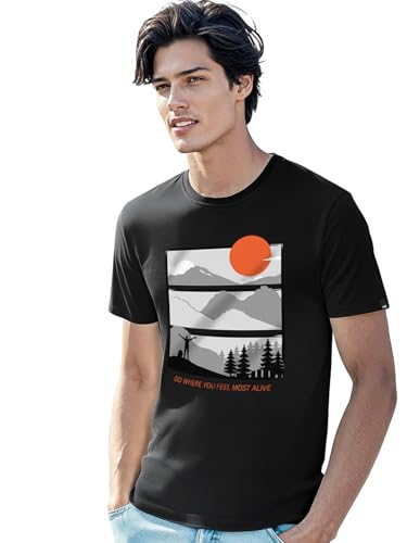 Image of Bewakoof Men's Feel Most Alive Printed 100% Cotton T-Shirt - Regular Fit, Round Neck, Half Sleeves