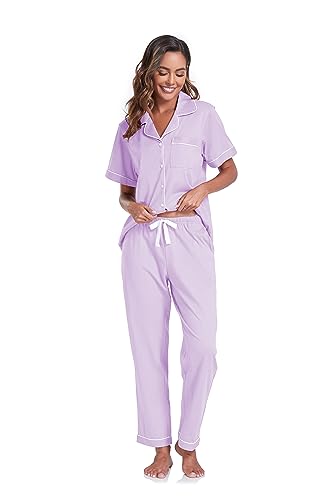 Image of COLORFULLEAF Women's 100% Cotton Pajamas Set Button Down Sleepwear Short Sleeve Shirt and Long Pants Soft Ladies Lounge Sets