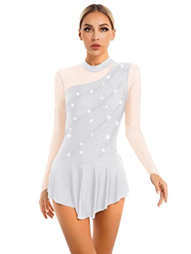 Freebily Damen Eiskunstlaufkleid Langarm Mesh Eislaufen Ballettkleid Tanz Trikot Mit Strass Glitzer Gymnastikanzug Skating Kleid Weiß M