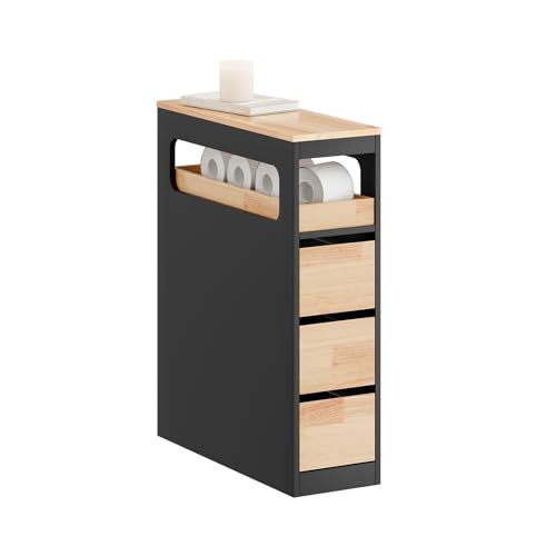 SoBuy Schmaler Badezimmerschrank mit 3 Schubladen – Platzsparender Badschrank auf Rollen, mit Stabiler Struktur, geeignet für Badezimmer, WC und Küchenaufbewahrung, Schwarz, 65x23x82cm, BZR54-II-SCH