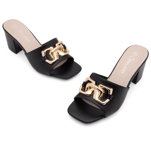 Image of Shoe Land Women's Low Block Heels 2025 - Square Open Toe Slip-On Mules with Metal Chain, Comfortable Chunky Dressy Heeled Slides for Wedding, Office, Party & Everyday Wear