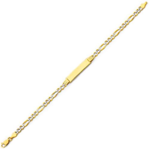 14K Yellow Gold White Pave 4.0mm Mens ID Figaro Bracelet with Lobster Claw Clasp - 7.5" Inches