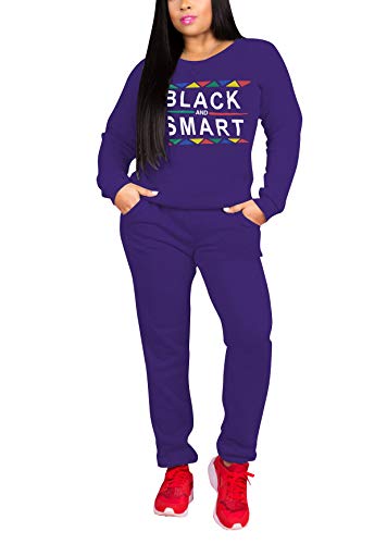 Women’s 2 Piece Outfits - Letter Print Sweatsuits Long Sleeve Pullover Sweatshirt Long Pants Tracksuit Set Purple X-Large
