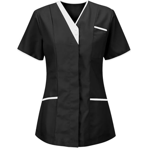 Scrub Tops for Women Holiday Solid Color Short Sleeve Medical Scrub Top with Pocket Stretch V Neck Front Button Shirt Black