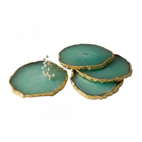 Image of Natural Agate Stone Tea Coasters Set | Premium Stone Coasters for Tea, Coffee & Glass | Heat Resistant Coasters for Dining Table, Office Desk & Home Decor | Pack of 4 | Color -Green