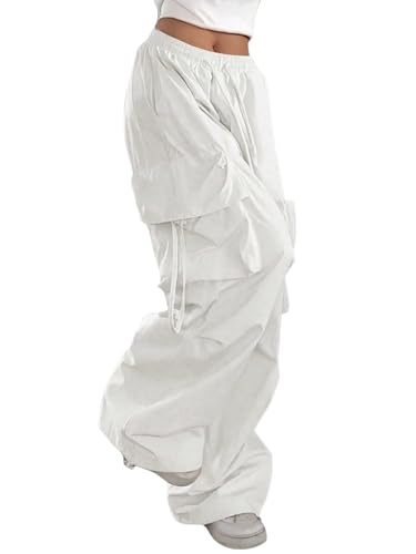 GORGLITTER Womens Baggy Cargo Pants Parachute Pants Wide Leg Low Rise Dressy Travel Hiking Track Pants Trousers Work Cream White Small