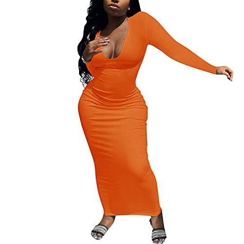 Image of Women Bodycon Maxi Tank Dress, Sexy Deep U Neck Ribbed Solid Color Party Wrap Long Dresses