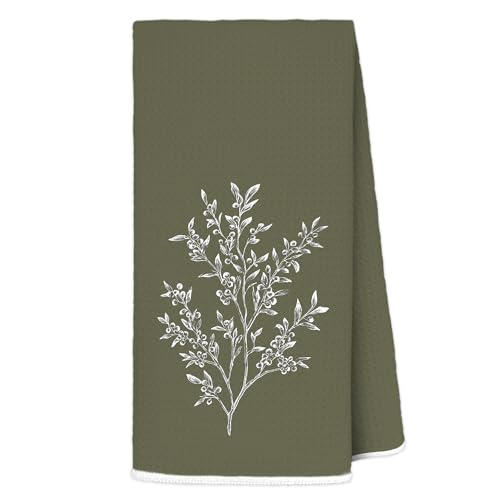 AJIPUX Vintage Olive Green Botanical Kitchen Towels 16x24 Inches, Olive Green Kitchen Decor, French Country Hand Towel Decorative for Dish Tea Towel Drying Cloth