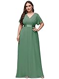 Ever Pretty Plus Damen Abendkleid Chiffon A Linie Lange Große Größe V Ausschnitt Chiffon Kurze Ärmel Hohe Taille Brautjungfernkleid Grüne Bohne 52EU