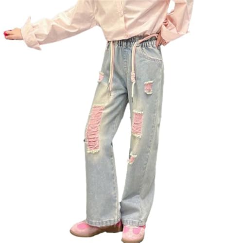 Girls Ripped Jeans Elastic Waist Distressed Baggy Denim Pants Teen Drawstring Wide Leg Streetwear Casual Y2K Trousers