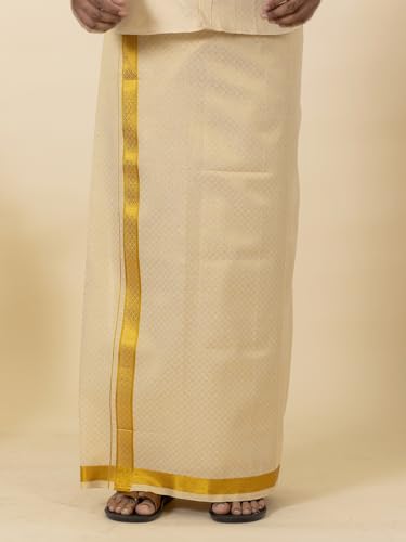 Image of RAMRAJ COTTON Men Gold Tissue Jacquard Full Sleeves Shirt with Matching Dhoti Set