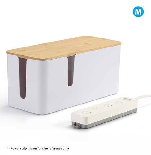 Image of ZhiYo 2 Pack Cable Management Box, Large & XL, Power Strip Organizer, White | Extra-Tall Design for Oversized Adapters, Fits Power Strips Up to 13.4 inch Long, Natural Bamboo Lid, Ideal for Desks, TV Areas