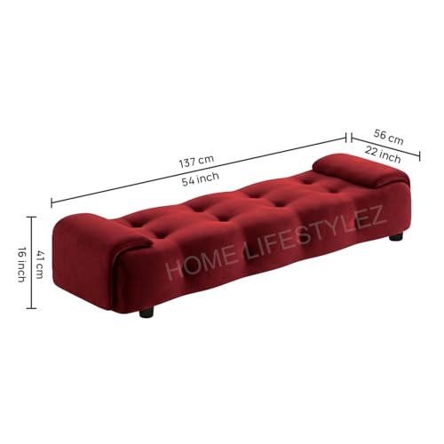 Image of Home Lifestlez Monel 2 Seater Tufted Ottoman Bench | Velvet Upholstered | Seating Bench Window Bench Footrest Stool End of Bed Bench Living Room Furniture | Comfortable & Stylish - Maroon