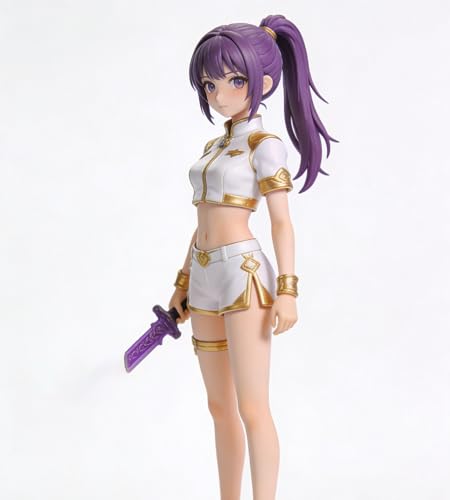 Générique Poupée Guerrière avec Épée, Cheveux Violets Longs, Tenue Blanche et Dorée, Figurine Articulée