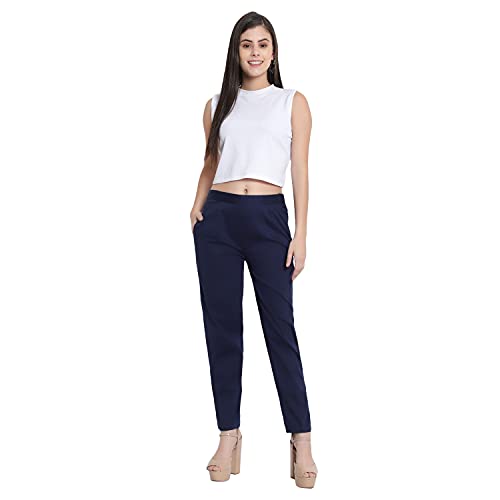 Image of BLUE STAR SHARK Stretchable Cotton Lycra Cigarette Pants | Versatile and Stylish Women's Pants | Comfortable Slim Jeggings | Ankle Length Straight Trousers for Office, Formal, Casual Wear