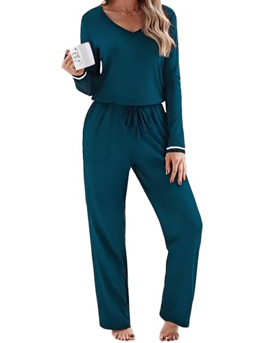Litherday Pijama Mujer Invierno Algodón 2 Piezas Conjunto Ropa de Dormir Suave con Cuello en V Pantalón Largo y Bolsillos Pijama Cómodo para Casa Relax Azul Pavo Real M