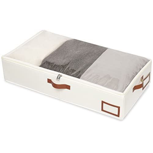 Yawinhe Juego de 1 Organizador de Zapatos Debajo de la Cama, con Ventana Transparente Asas Reforzadas Organizador con Cremallera para Edredones, Bolsas de Transpirable, 80x40x15cm, Beige Cover