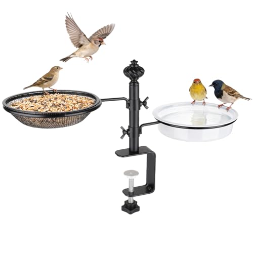 Deck Bird Feeders with Metal Tray and Water Bowl, BOLITE Balcony Bird Feeders Detachable Adjustable Heavy Duty Clamp Bracket, Attracting Birds, Black, Gifts for Women Men