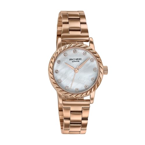 Image of Sonata Poze 8 Quartz Analog with MOP White Dial IP Rose Gold Solid Link Strap Watch for Women - SP80177WM01W
