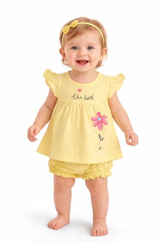 Image of Baby Girls Frock Dress with Bloomer Set | Short Sleeve Polka Dot Inner Layer & Bow Detail Special for 0-6 Months