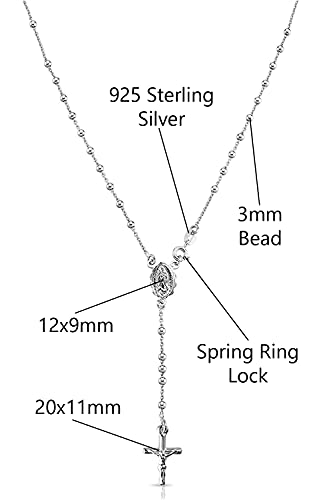 Savlano 925 Sterling Silver Italian Solid Bead Chain Cross & Rosary Virgin Mary Pendant Y Necklace Comes With Gift Box for Women - Made in Italy2