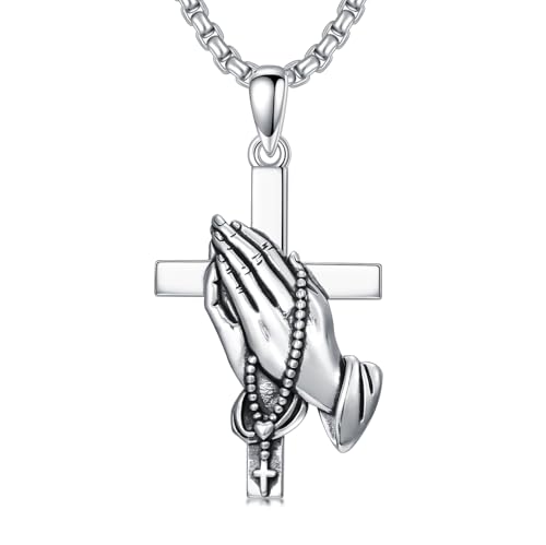 Seiyang Praying Hands Necklace 925 Sterling Silver Serenity Prayer Cross Pendant Christian Vintage Catholic Crucifix Jewelry Jesus Cross Amulet Necklaces Courage Wisdom Gift for Men Women