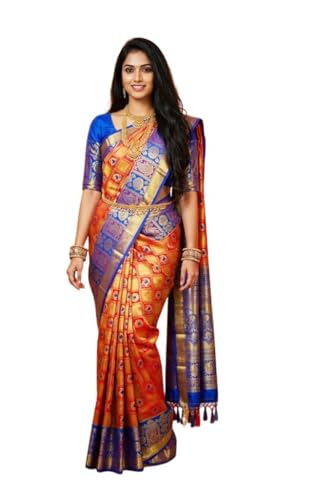 Image of VFCollections Women's Traditional Handloom Kanchipuram Silk Saree | Rich Zari Woven Design | Unstitched Blouse Piece
