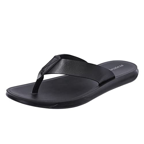Harssidanzar Chanclas para hombre Sandalias, tanga de verano Cómodo soporte para el arco Zapatos de playa con plantilla de cuero de microfibra suave KM215,Negro,Tamaño 44