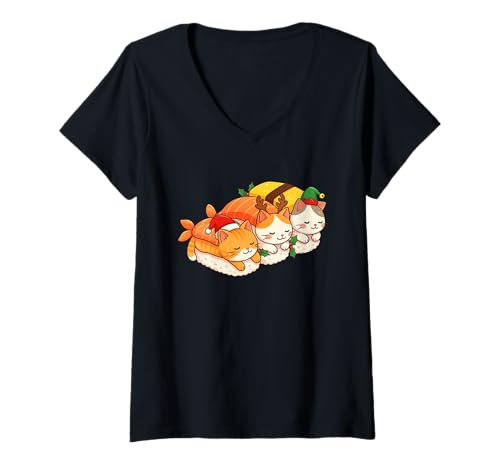 Femme Chapeau de Père Noël Kawaii - Motif Chats Mignons - Sushi - Anime Japonais T-Shirt avec Col en V