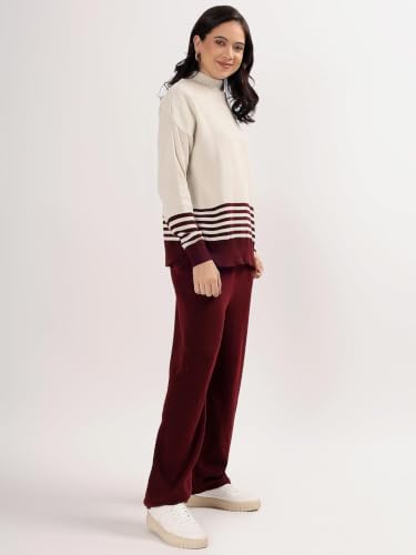 Image of Kvetoo Women Winter Coord Set Wool Blend Tracksuit High Neck Sweater and Wide Leg Pants Warm Knitwear Pyjama Set for Casual Office Travel Wear