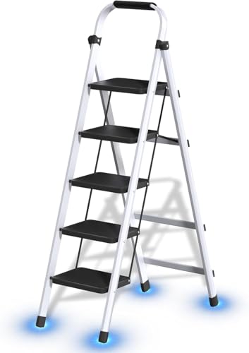 脚立 5段 折りたたみ はしご 手すり付き脚立 おしゃれ ステップ台 スツール キャタツ 梯子 室内 屋外 step ladder ハシゴ 軽量 コンパクト 安全 滑り止め 折り畳み 耐荷重230KGの画像