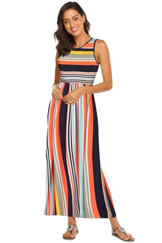 BDTECAOR Damen Sommer Casual Einfarbig Ärmellose Lockere Strandkleid Maxi Kleid mit Taschen Mehrfarbige Streifen L 6