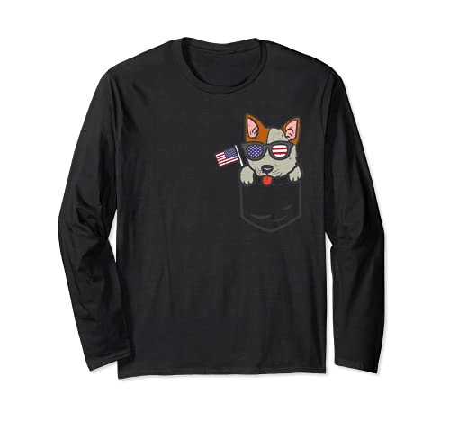 Australian Cattle Dog Heeler Pocket 4th Of July Fourth Dog Long Sleeve T-Shirt, Black