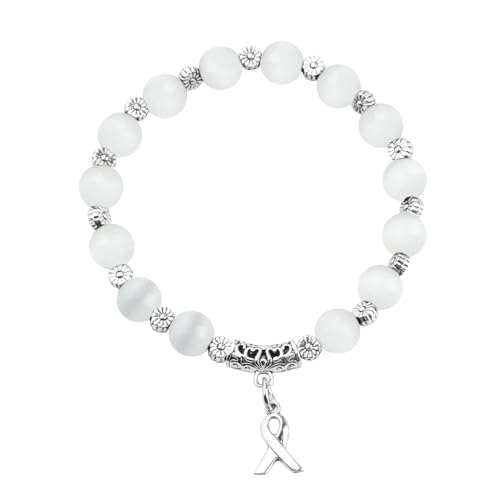 CENWA Lung Cancer Awareness Ribbon White Beads Bracelet Lung Cancer Awareness Gift For Her