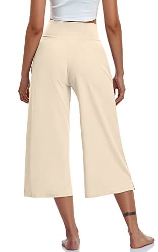 Image of TARSE Womens Casual Wide Leg Yoga Capris Crossover High Waist Capri Pants Loose Soft Pajama Pockets Sweatpants