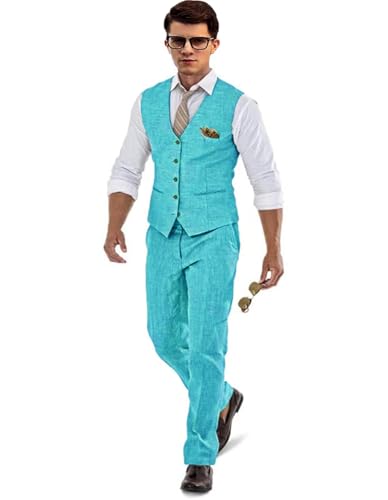 Lightweight Linen Suits for Men 2 Piece for Beach Wedding Elegant Linen Vest and Pants Set for Event STXZ019
